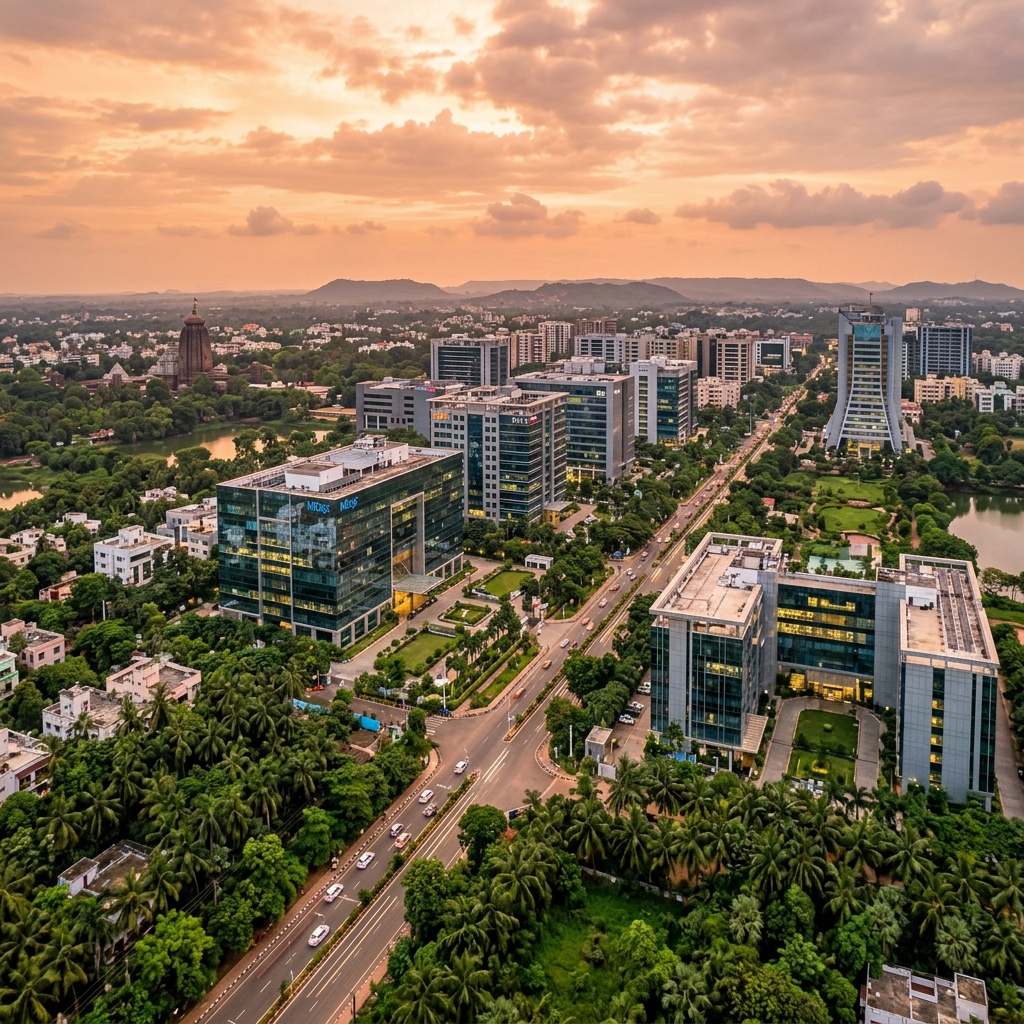 Bhubaneswar IT hub skyline at golden hour - Visital Technologies headquarters