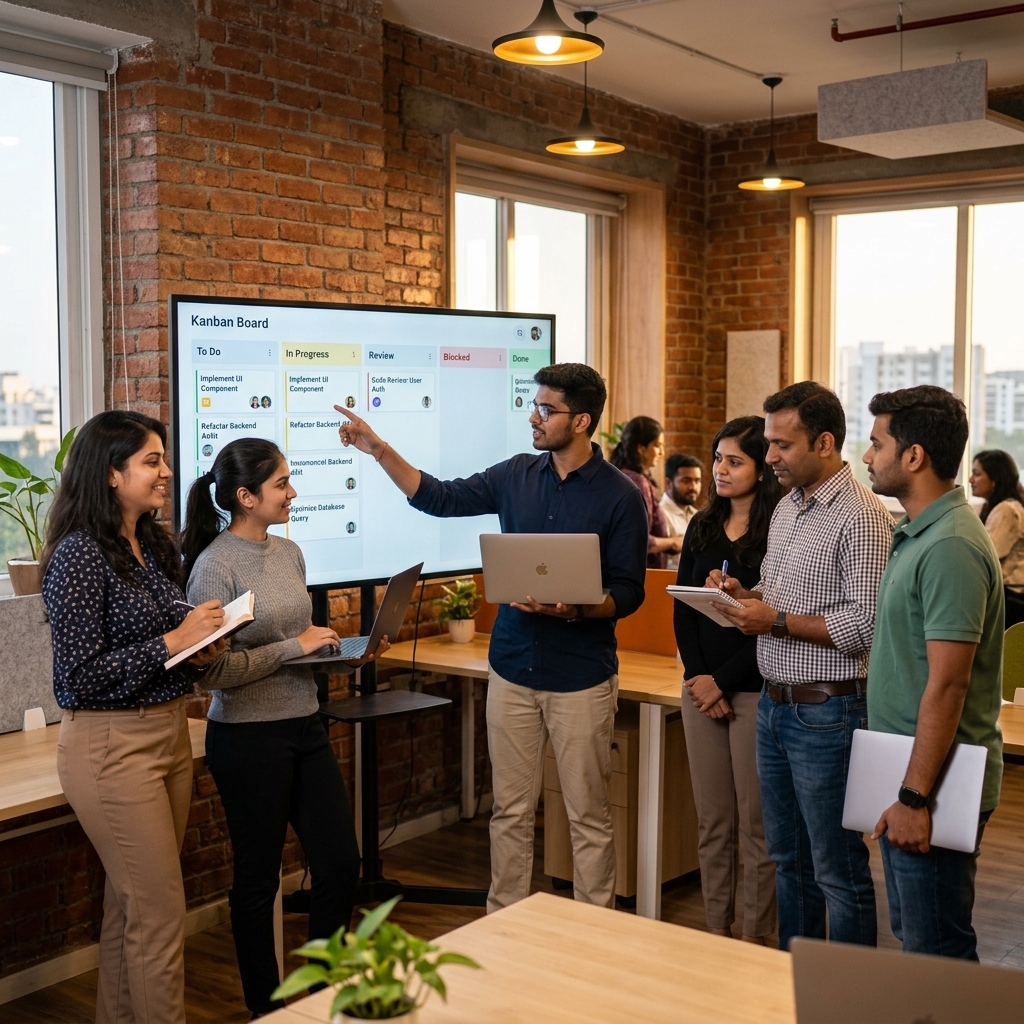 Indian software developers in daily standup meeting at Visital Technologies Bhubaneswar office